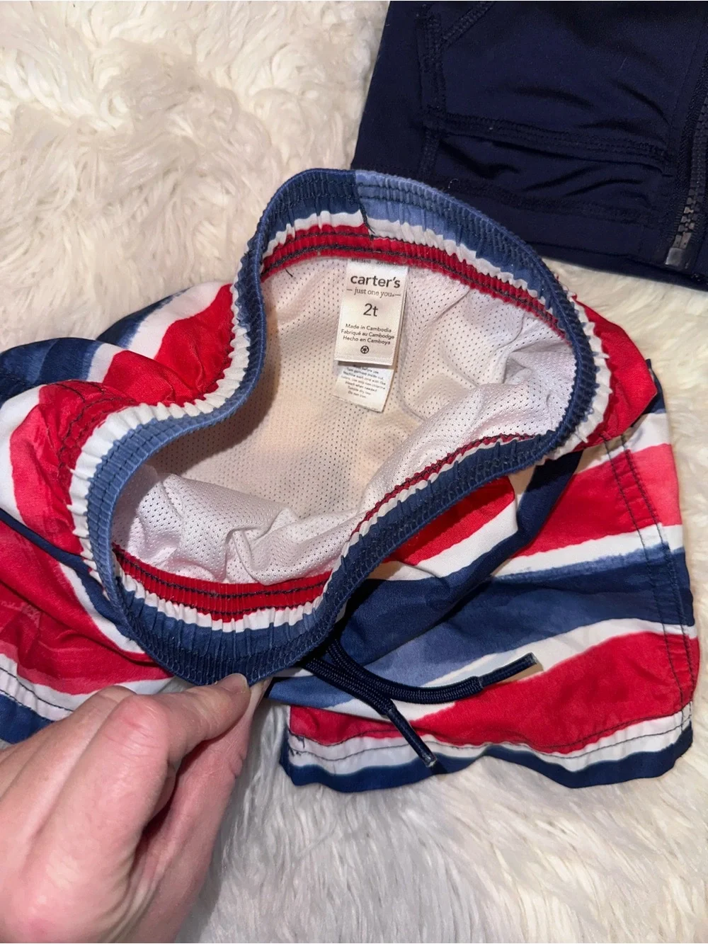 Kids Navy & Red Striped Swim Shorts and Navy blue zip up rash guard 2T EUC